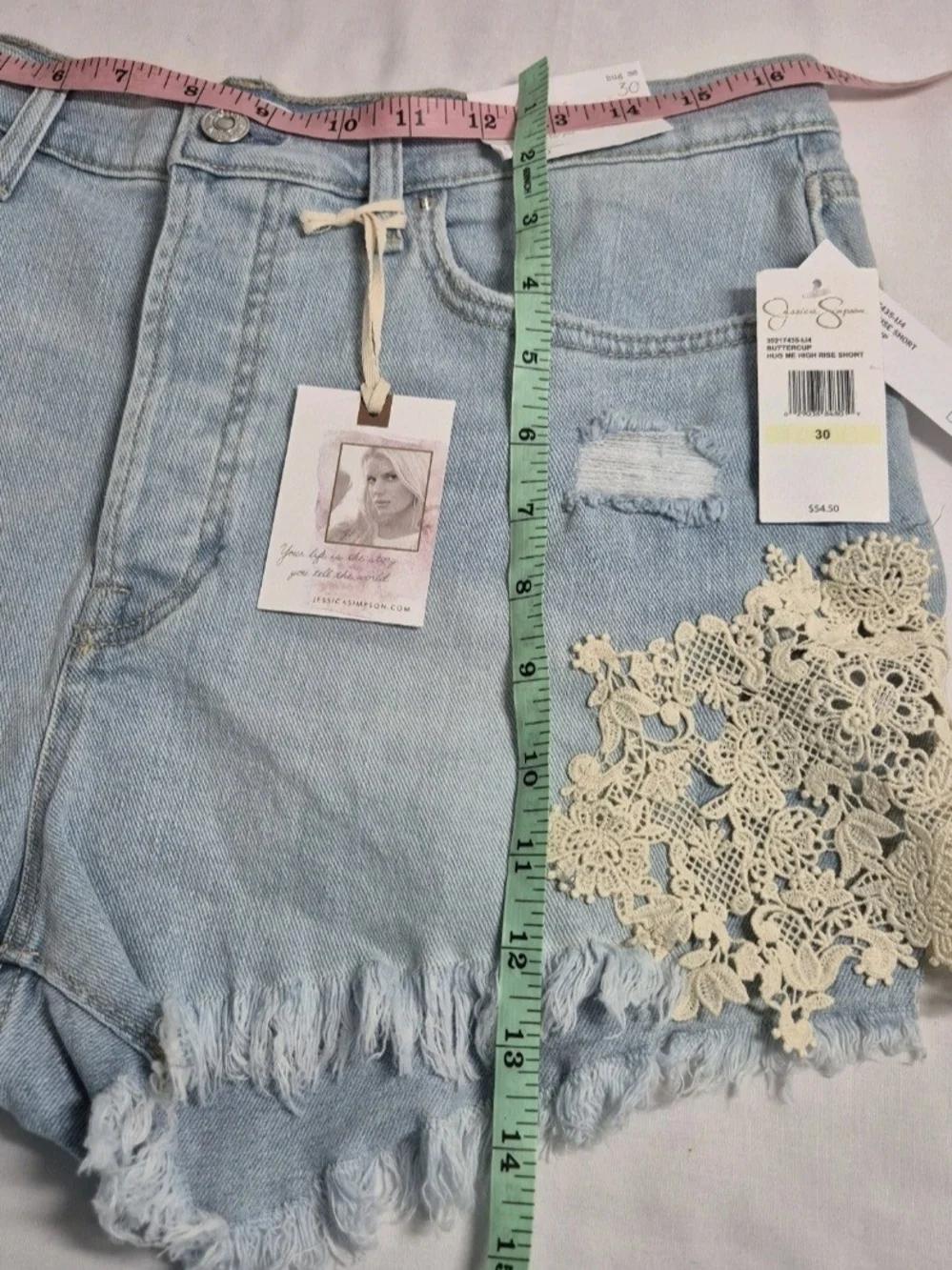 Jessica Simpson Hug Me Jean Shorts Buttercup Size 30 Frayed Button Fly Blue 31 - Picture 13 of 13